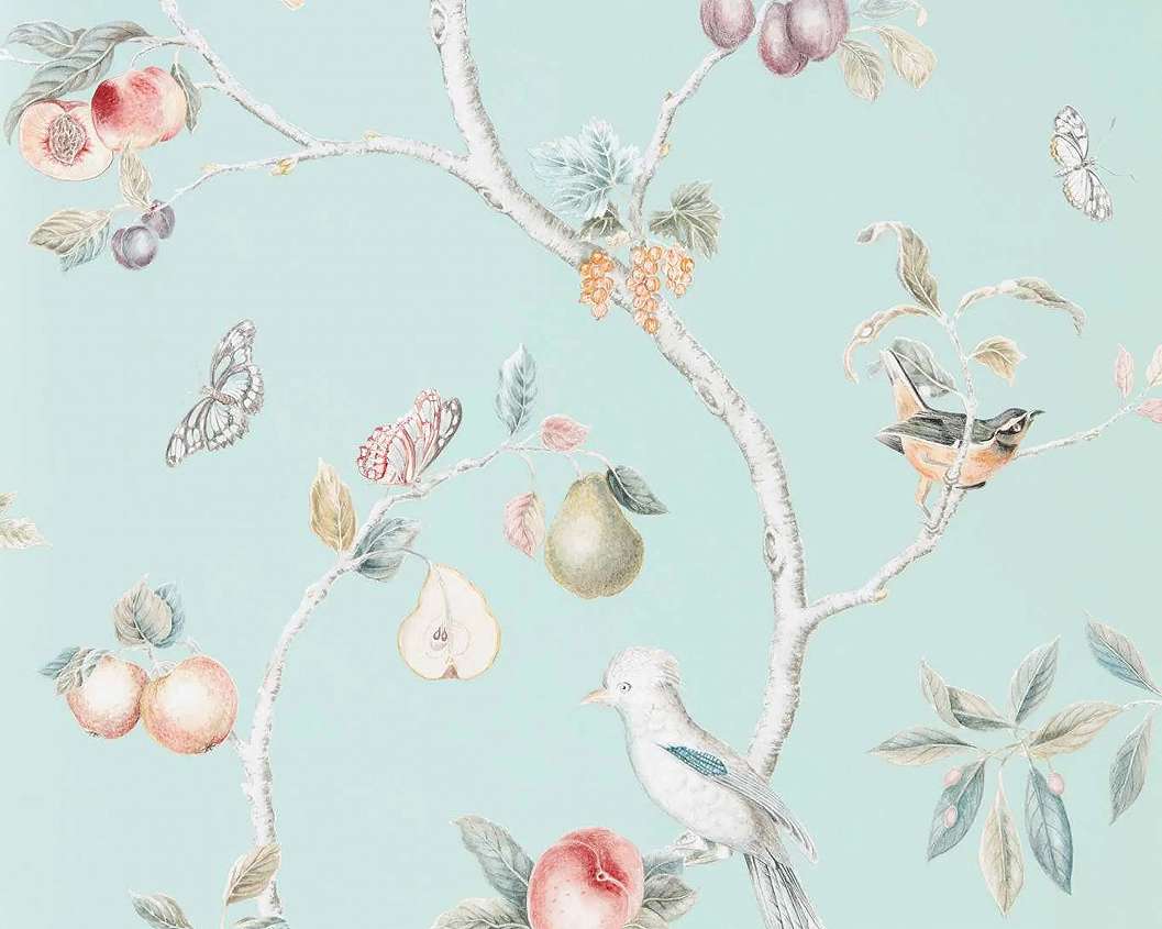 Angol Sanderson dekor tapéta madarak és gyümölcsök mintával kacsatojáskék színben