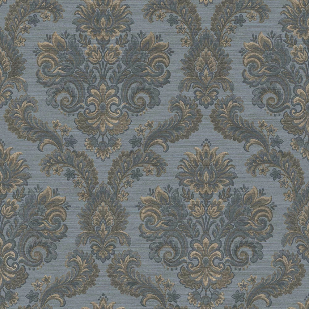 Damaszk barokk mintás design tapéta kék arany színvilágban