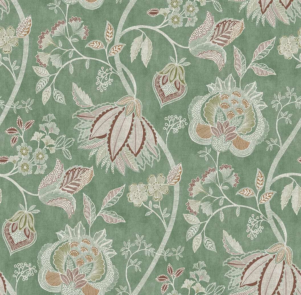 Dekor tapéta nagy virágzó inda mintával zöld színben