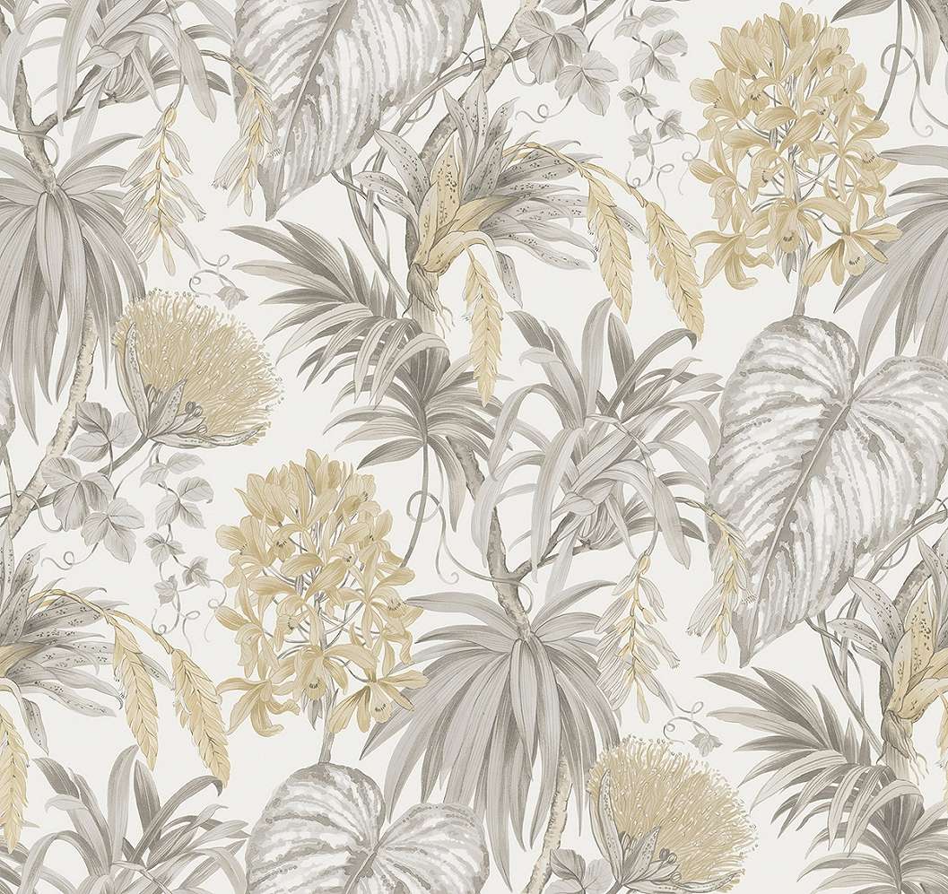 Dekor tapéta trópusi levél és virág mintával beige és szürke színben