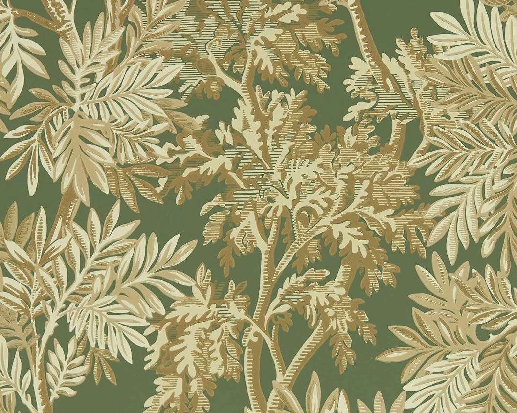 Elegáns angol design tapéta faág mintával zöld és barna színben