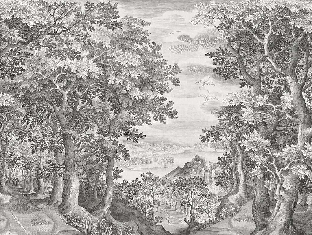 Fotótapéta fametszet hatású erdei tájkép mintával