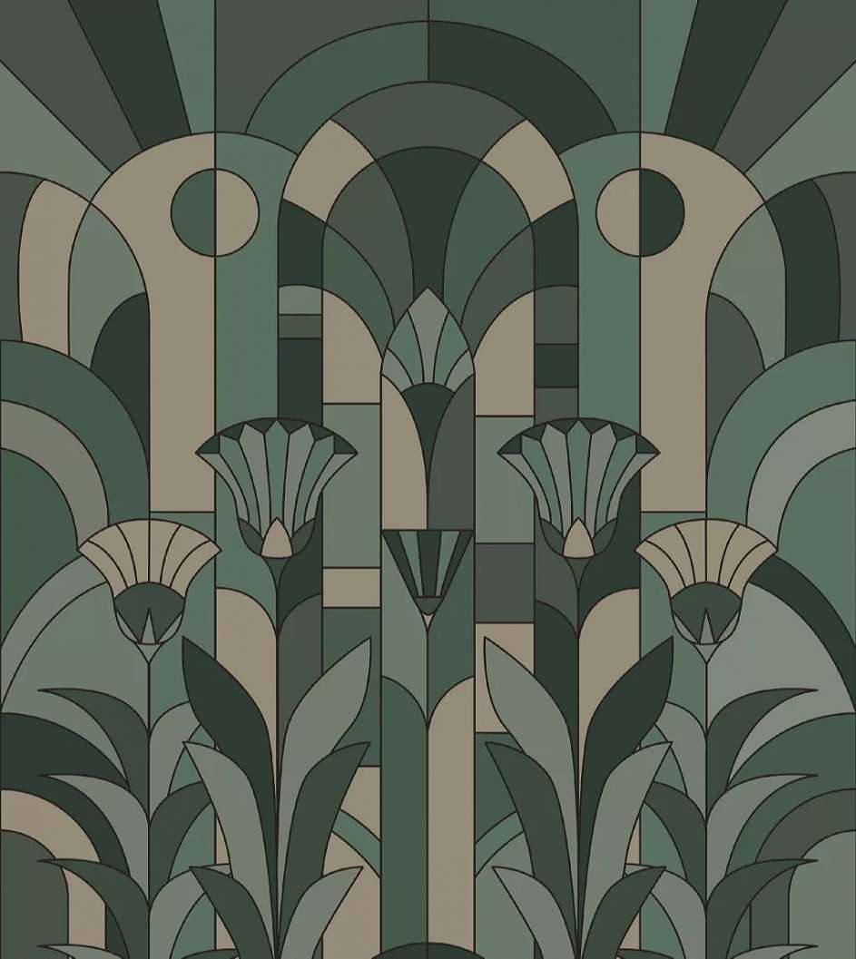 Fotótapéta ólomüveg jellegű virág mintával zöld színekben 250 cm x 250 cm