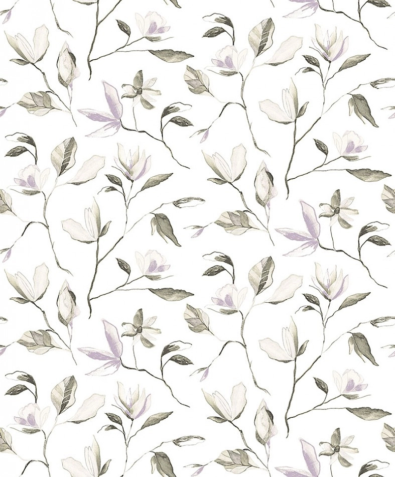 Magnólia virágmintás design tapéta lila, zöld virág mintával beige alapon
