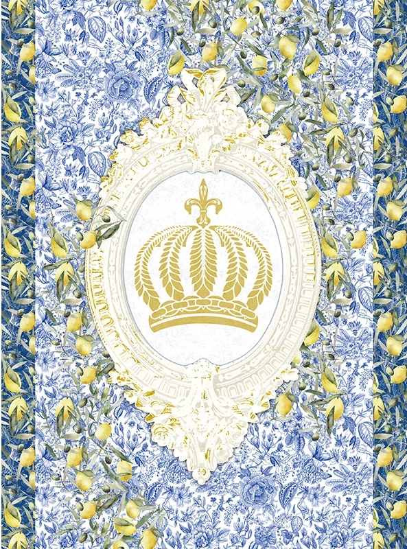 Pompöös címer és citrom mintás fotótapéta kék háttérrel