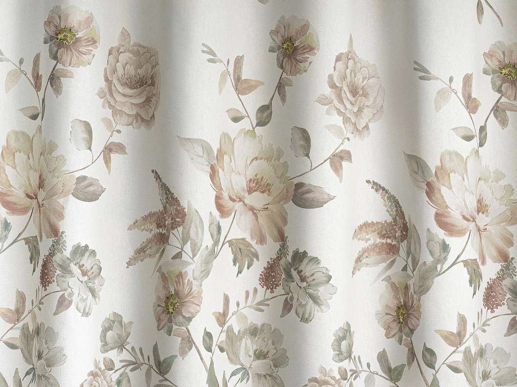 Virág mintás dekor sötétítő függöny textil beige, zöldes színvilágban